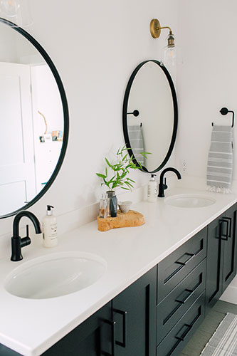 Black and white craftsman bathroom in a custom home